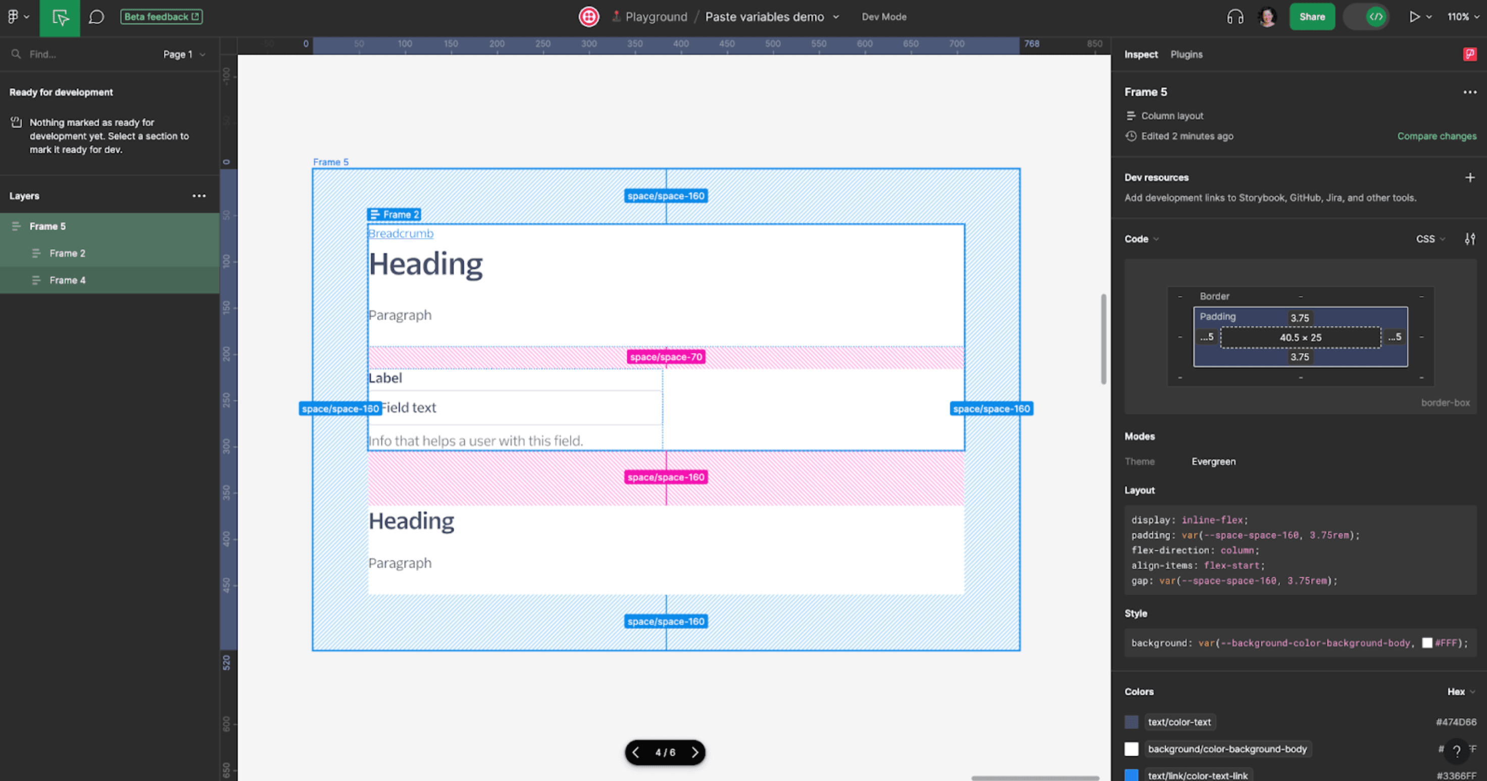 Screenshot of spacing tokens being used in Figma